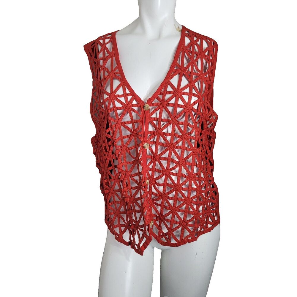 Vintage Agapo Large vest button front sheer cap sleeve lightweight belt tie top